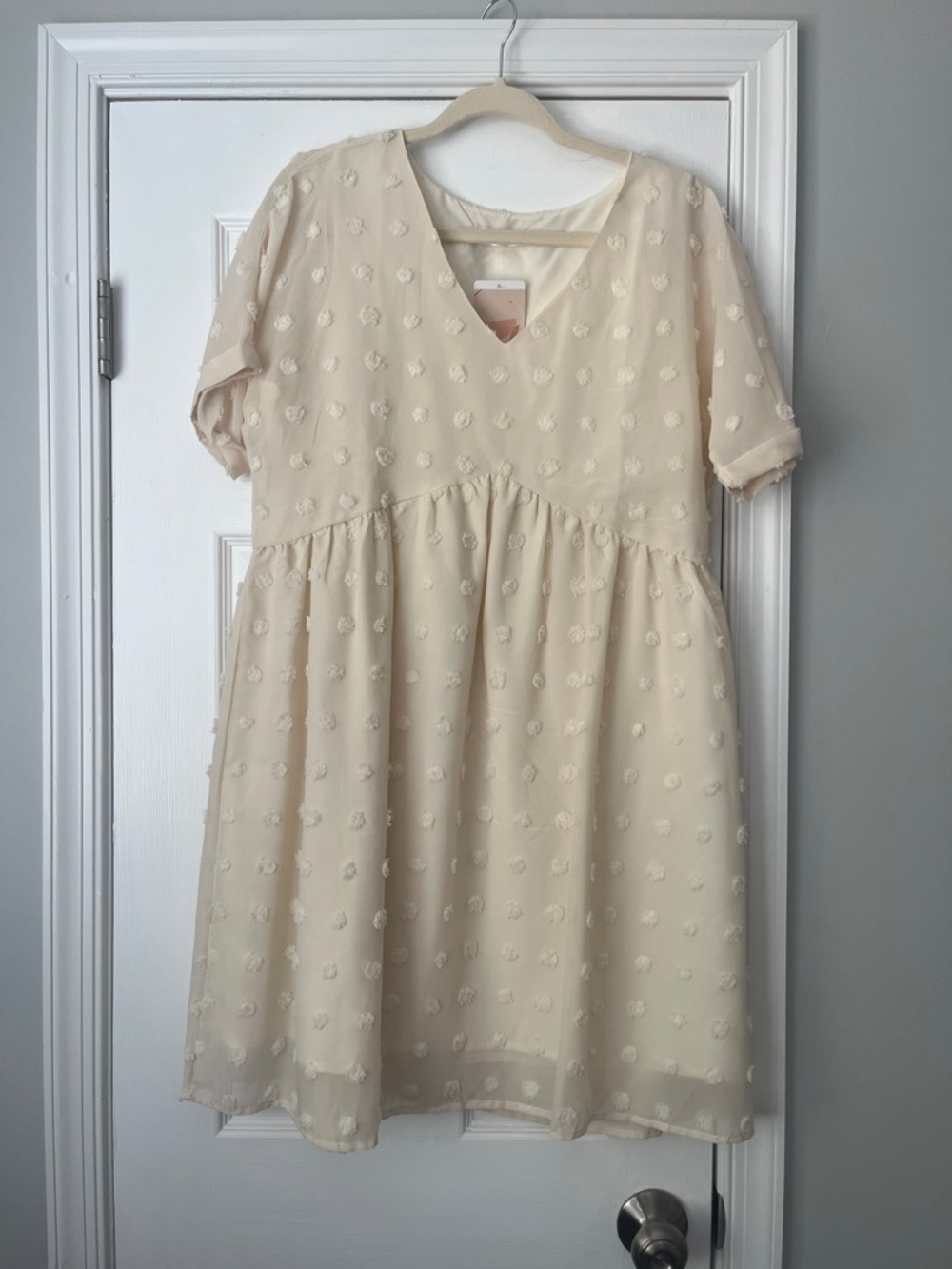 Women's Cream Textured Mini Dress with V-Neck